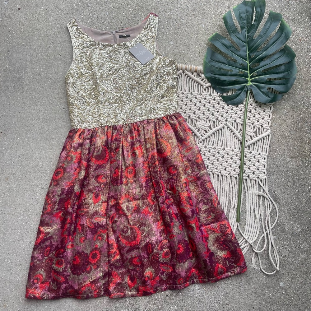 NWT Wren for Anthropologie Gold Sequin Jacquard Holiday Dress Size Small